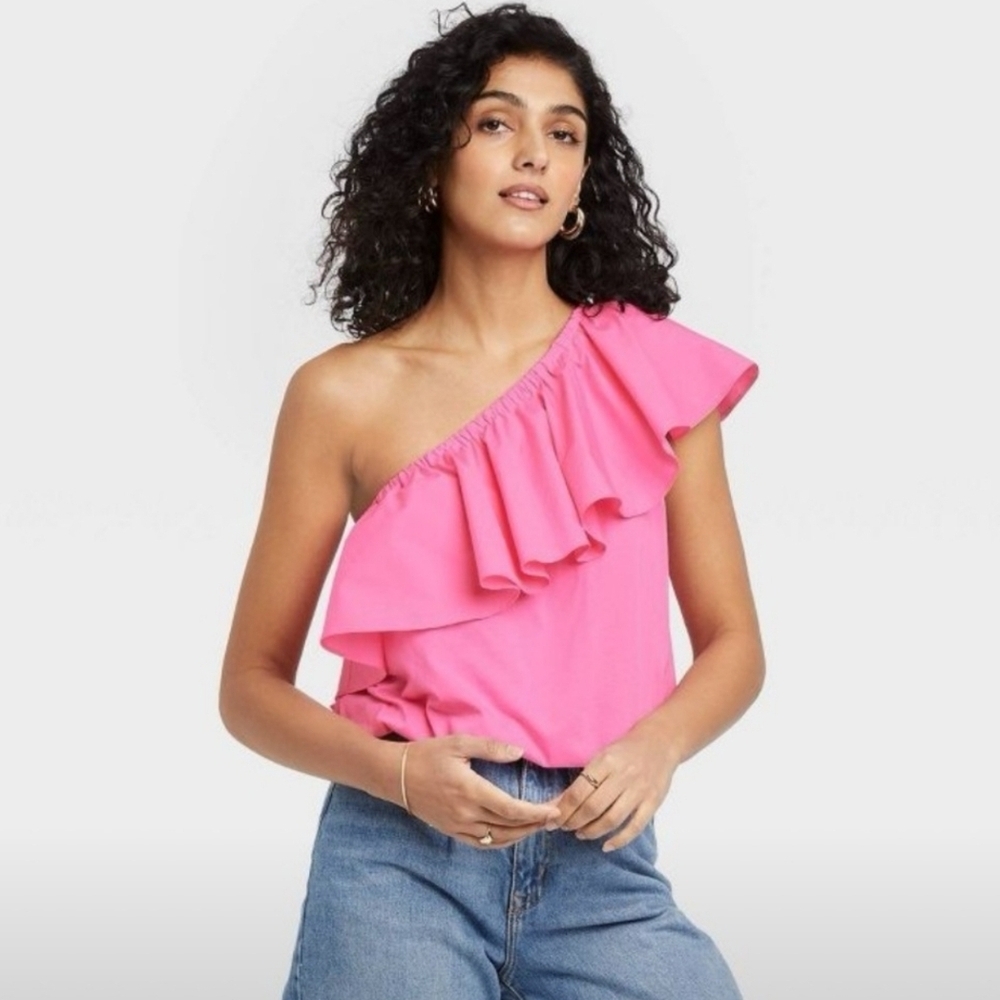 Pink Ruffled One-Shoulder Top
